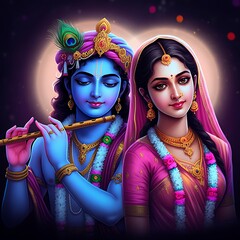 Obraz premium Lord Krishna and Goddess Radha Portrait