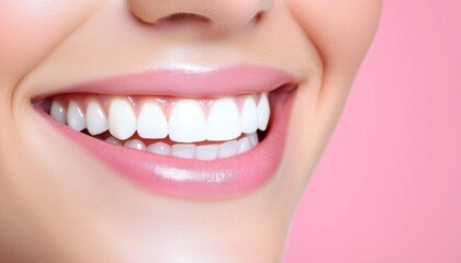 A close-up of a woman's serene smile, her smooth skin complementing her pearly white teeth,copy space for text,