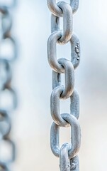Obraz premium Close-up of a metallic chain link, showcasing its sturdy design and texture against a blurred background.