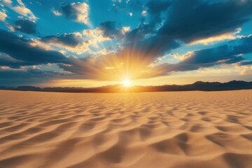 Fototapeta premium Stunning desert sunset with vibrant colors, fluffy clouds, and calm sand dunes in an expansive landscape.