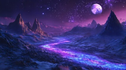 Fototapeta premium A mystical landscape with glowing rivers and a full moon