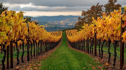 Naklejka premium A scenic view of a vineyard in the fall, with rows of grapevines turning golden, perfectly capturing the essence of Thanksgiving harvest.
