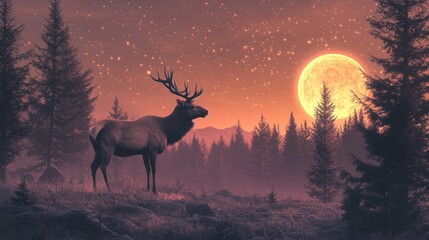 Majestic Elk Under the Full Moon.