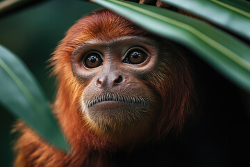 Fototapeta premium Close-up of a monkey in the Amazon, showcasing intricate details. Ideal for nature and wildlife projects, with ultra HD resolution and copy space.