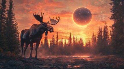 Moose Silhouetted Against a Red Sky with a Starry Moon.