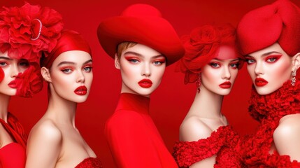 Naklejka premium A group of women wearing red hats and dresses with makeup, AI