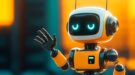 A friendly robot waves hello in a futuristic setting with bright colors, showcasing innovative technology and a playful atmosphere
