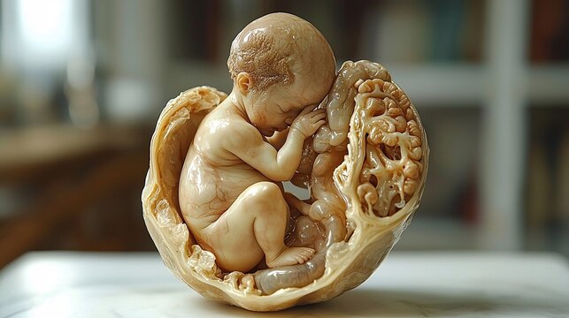 Develop a 3D image of a fetus in a breech position, showing its orientation in the uterus