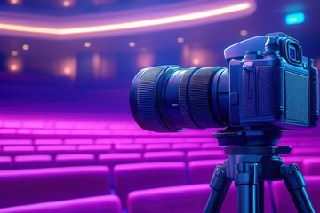 A professional camera on a tripod in a vibrant theater setting, illuminated with moody purple lights ready for a performance.