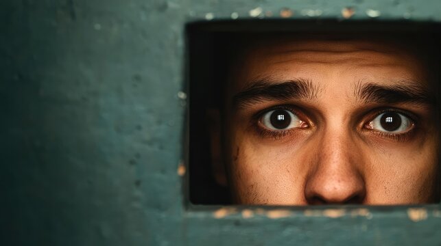A prisoner staring out of a small barred window, with a distant expression, reflecting on the outside world and the reality of imprisonment