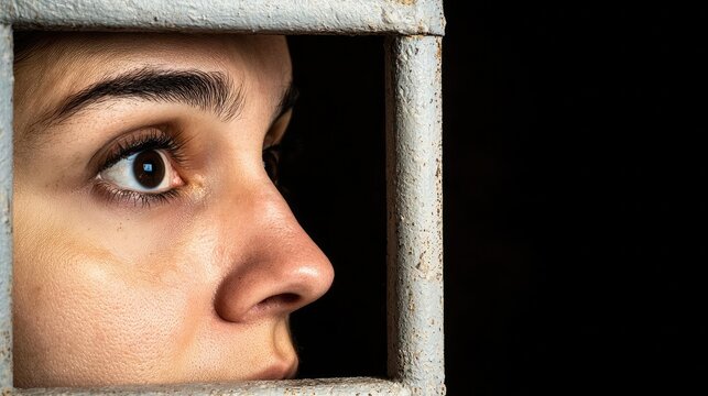 A prisoner staring out of a small barred window, with a distant expression, reflecting on the outside world and the reality of imprisonment
