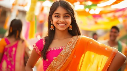 Vibrant Indian Teenager in Saree Embracing Joyful Moment at Colorful Festival - Candid Shot of Happiness and Celebration