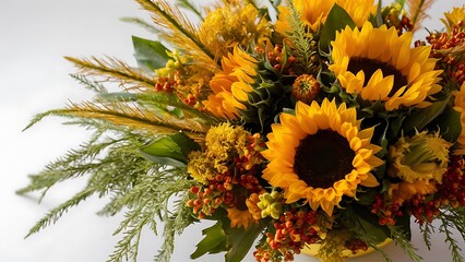 Autumn floral bouquets of sunflowers and greenery set, isolated flower arrangements on white background