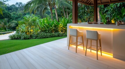 Obraz premium Modern outdoor bar area with tropical greenery, stylish stools, and warm ambient lighting, perfect for relaxation and leisure.
