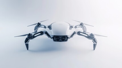 White drone hovering with high-tech design on soft background