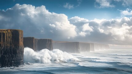 A rugged coastline with towering cliffs and crashing waves under a dramatic, cloud-filled sky.