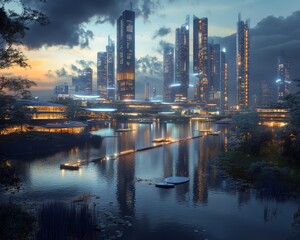 Naklejka premium Futuristic Cityscape with Reflections in Water.