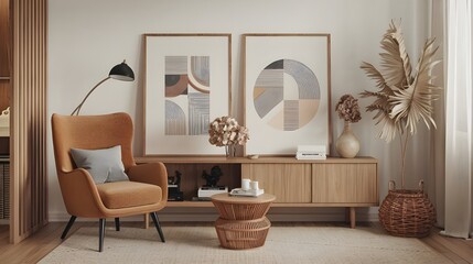 Elegant living room interior featuring a modern composition featuring a design armchair, mock-up poster frames, carpet, décor, dried flowers, rattan basket, and sophisticated home accessories.View Mor
