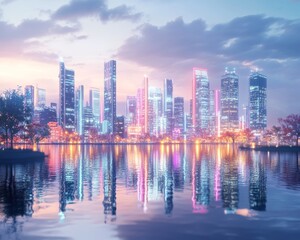 Obraz premium Cityscape with Neon Lights Reflecting in Water.