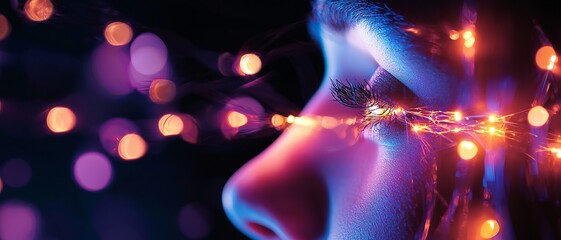 A close-up shot of an eye adorned with colorful lights, reflecting creativity and imagination in a dreamy atmosphere.
