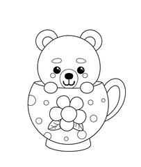 Coloring page. Cute bear in big cup. Black and white bear. Vector