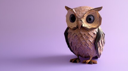 Fototapeta premium A charming paper-crafted owl in brown and tan, sitting on a light purple background
