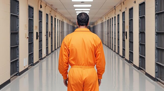 A prisoner wearing an orange jumpsuit walking down a long, empty prison corridor, illustrating the isolation and routine of prison life