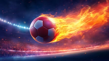 A football on fire flying through the stadium, with bright flames trailing behind it and a lively crowd in the background