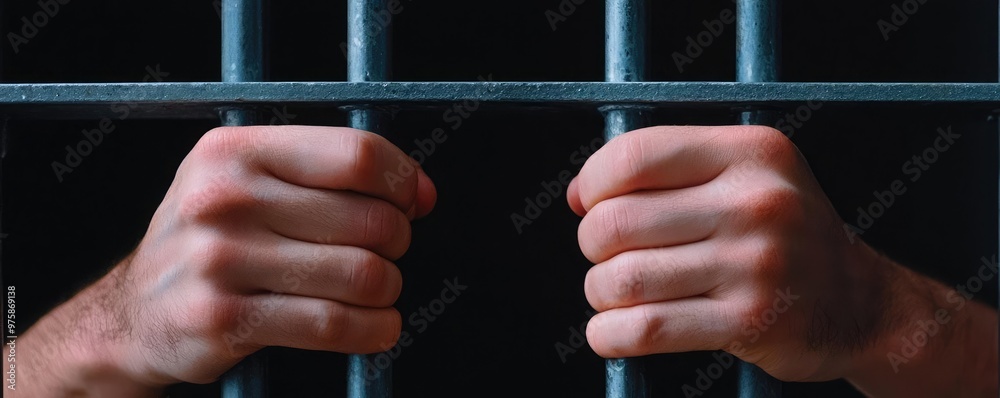 Wall mural A closeup of a prisoner s hands gripping the cold iron bars of a jail cell, symbolizing confinement and loss of freedom