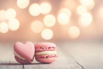 Obraz premium Two pastel macarons with a heart-shaped design and a bokeh background. Copy space 