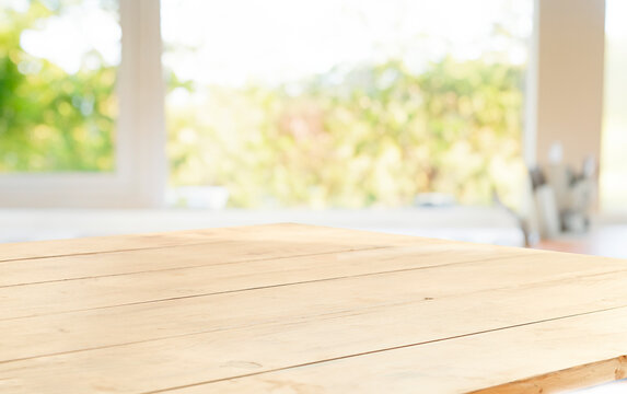 wooden table close up, against wall with warm sunset light from window, table for advertising display your products.
