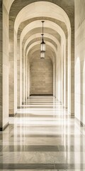 Obraz premium Elegant interior corridor with arched architecture and soft lighting, creating a serene and timeless atmosphere.
