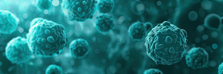 Teal Tumor Tracker: A teal medical abstract background with abstract tumor cells forming patterns, emphasizing cancer research and treatment options.