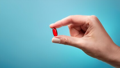 A woman's hand holds a single red capsule on a blue background.