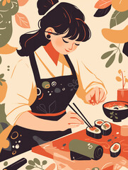 A female chef making kimbap in Korea.