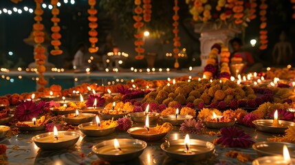 Multiple diwali diya candles flicker glow warm and inviting atmosphere surrounded by vibrant flowers