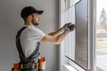 Professional handyman installing a window screen, showcasing home improvement and repair skills in a bright, modern setting