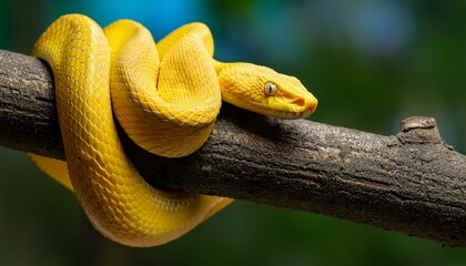 A vibrant yellow snake with striking eyes is coiled around a tree branch.