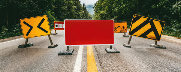 Traffic signs block the road, alerting drivers of construction or detours. A red warning signal stands out prominently.