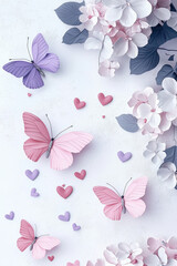 Delicate pink and purple butterflies flutter among soft white and purple flowers, creating serene and enchanting atmosphere filled with love and beauty