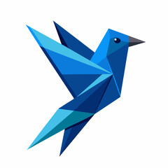 Blue paper origami bird on white background