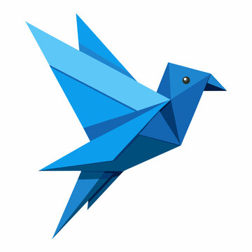Blue paper origami bird on white background