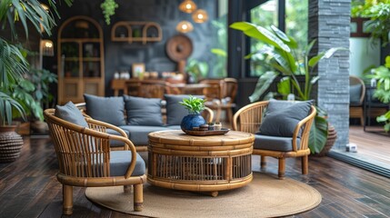 Rustic furniture and vibrant greenery fill the cozy living space, inviting relaxation and comfort in a serene indoor setting