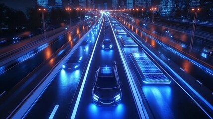 Futuristic City Highway with Wireless Charging Lanes.