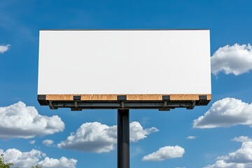 Fototapeta premium A blank billboard against a bright blue sky with fluffy clouds, perfect for advertising or promotional content.