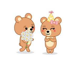 Bear boy is giving a bouquet of flowers to girl bear. Birthday. Chamomiles. Cartoon, kawaii, vector.