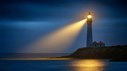 A solitary lighthouse beams its light across the calm sea during twilight, guiding ships on a peaceful coastal evening