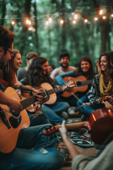 Fototapeta premium Harmonious Gathering: Group of Friends Playing Musical Instruments and Singing in Circle