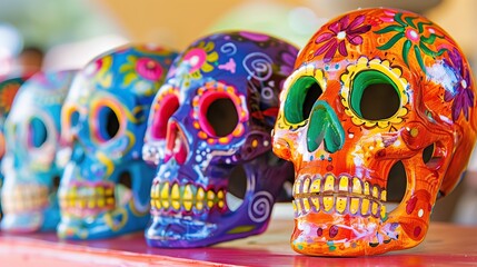 Fototapeta premium Colorful painted skulls on table festive day of dead celebration