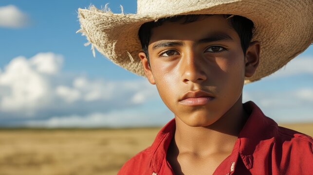 Thoughtful Venezuelan Teenager in Traditional Llanero Outfit - Close-up Portrait on Open Plains